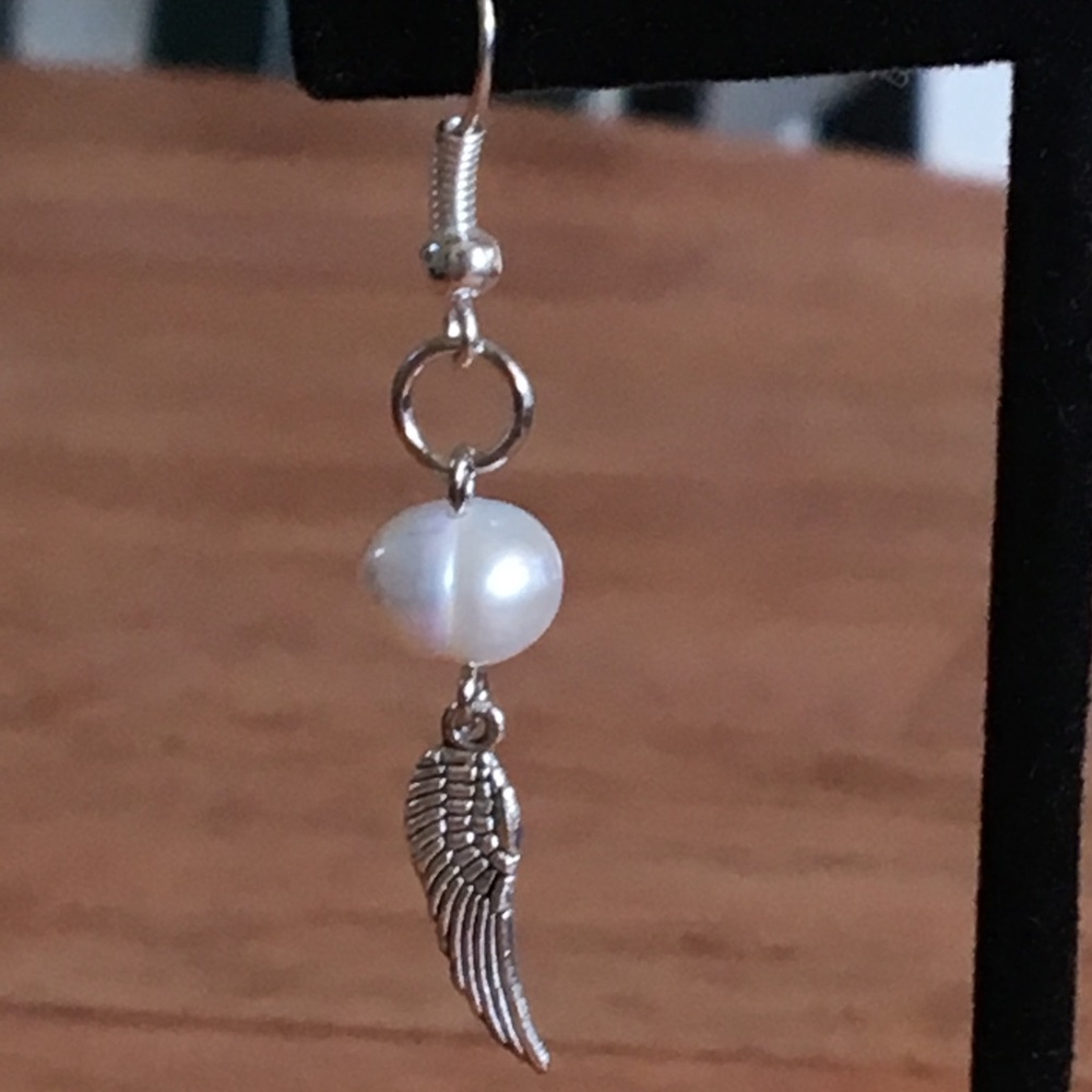 SOLD White Pearl Silver Angel Wing Earrings - Picture 2 of 7
